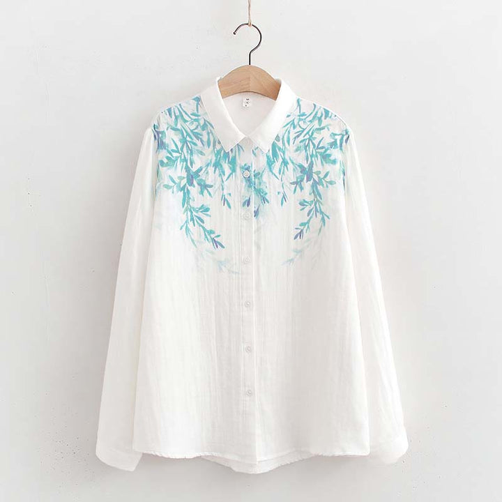Chemise à manches longues en coton pour femme, Buddha Stones, automne, blanc et vert, boutons d'herbe - Blanc - US6，UK/AU10，EU38 (L) - image 0