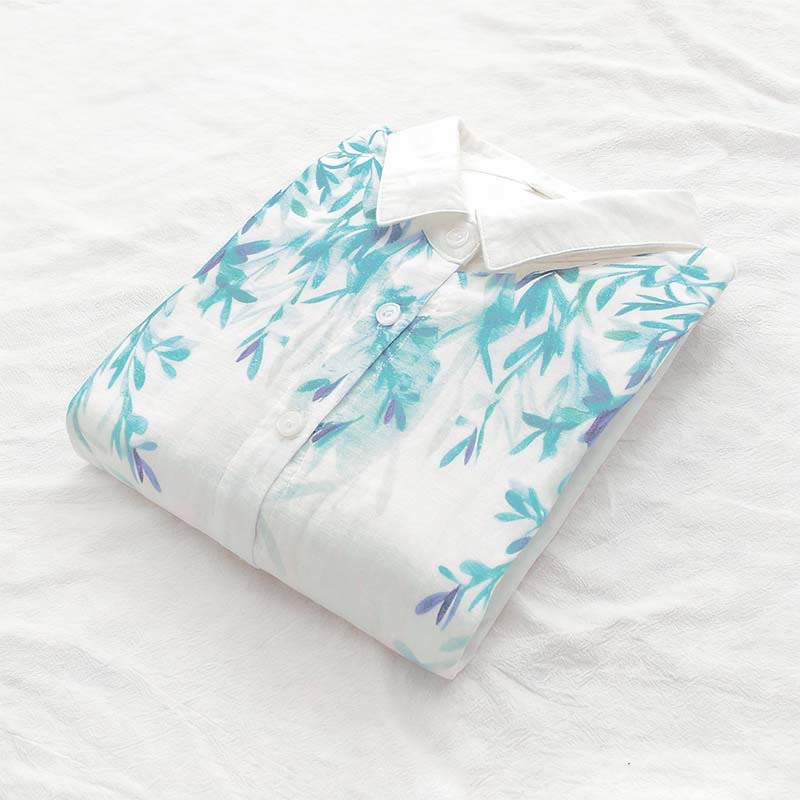 Chemise à manches longues en coton pour femme, Buddha Stones, automne, blanc et vert, boutons d'herbe - image 6