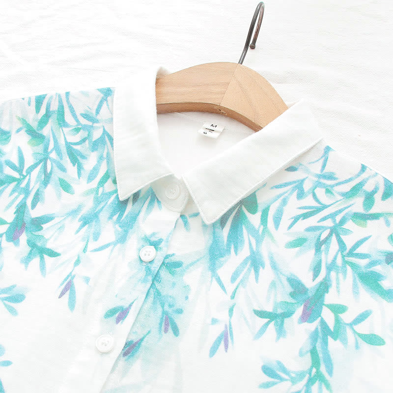 Chemise à manches longues en coton pour femme, Buddha Stones, automne, blanc et vert, boutons d'herbe - image 7