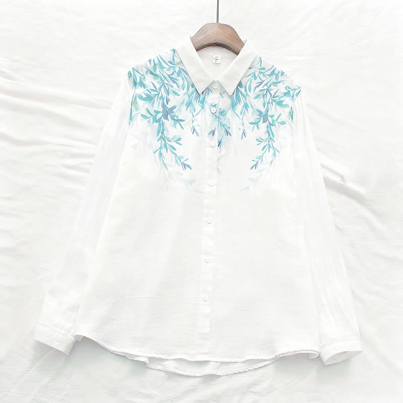 Chemise à manches longues en coton pour femme, Buddha Stones, automne, blanc et vert, boutons d'herbe - image 1