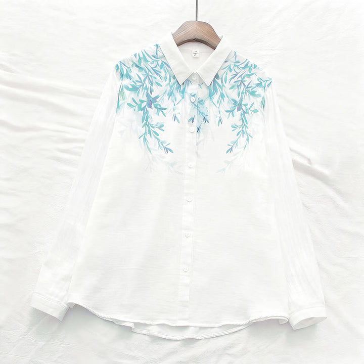 Chemise à manches longues en coton pour femme, Buddha Stones, automne, blanc et vert, boutons d'herbe - image 1