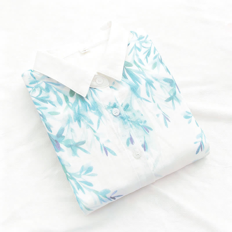 Chemise à manches longues en coton pour femme, Buddha Stones, automne, blanc et vert, boutons d'herbe - image 4