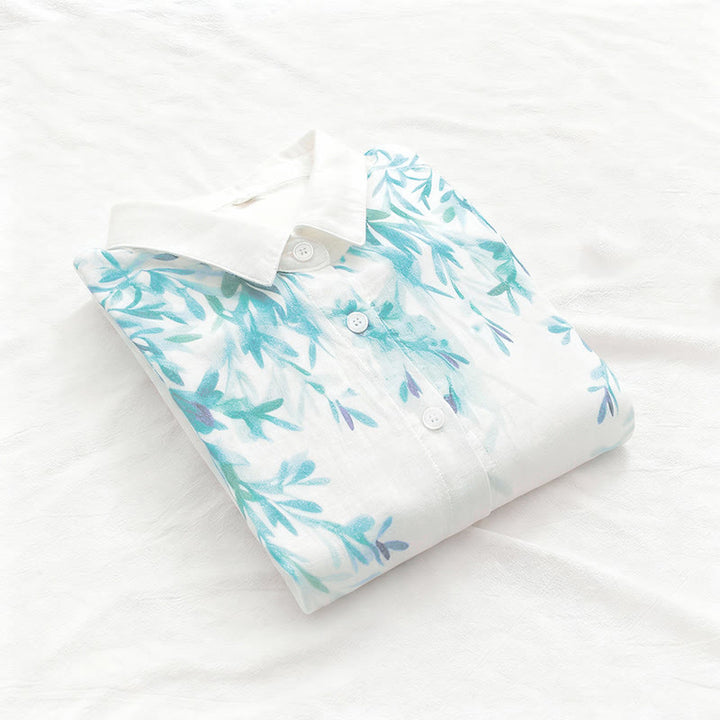 Chemise à manches longues en coton pour femme, Buddha Stones, automne, blanc et vert, boutons d'herbe - image 5