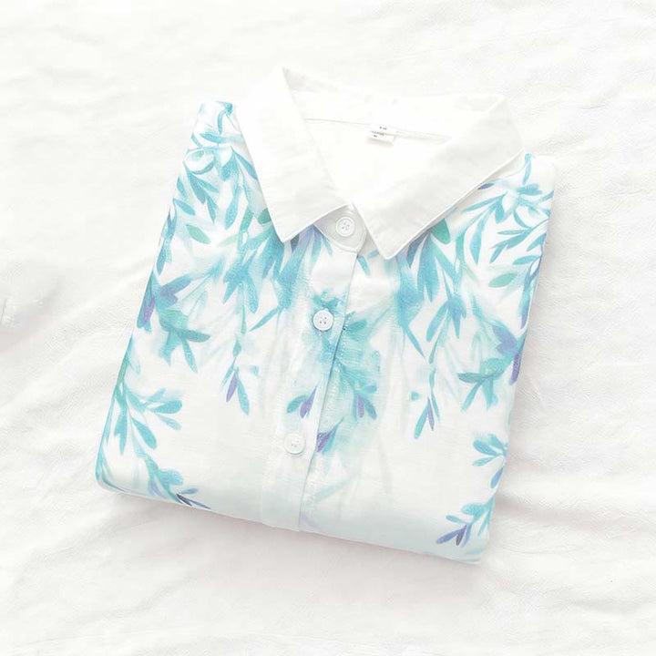 Chemise à manches longues en coton pour femme, Buddha Stones, automne, blanc et vert, boutons d'herbe - image 3