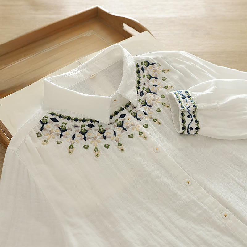 Chemise à manches longues en coton pour femme, ornée de boutons brodés géométriques blancs et de Buddha Stones - Blanc - US4，UK/AU8，EU36 (L) - image 0