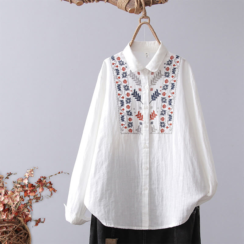 Chemise à manches longues en coton pour femme, ornée de boutons et de broderies géométriques à rayures blanches et géométriques Buddha Stones - Fleur blanche - US4，UK/AU8，EU36 (L) - image 0