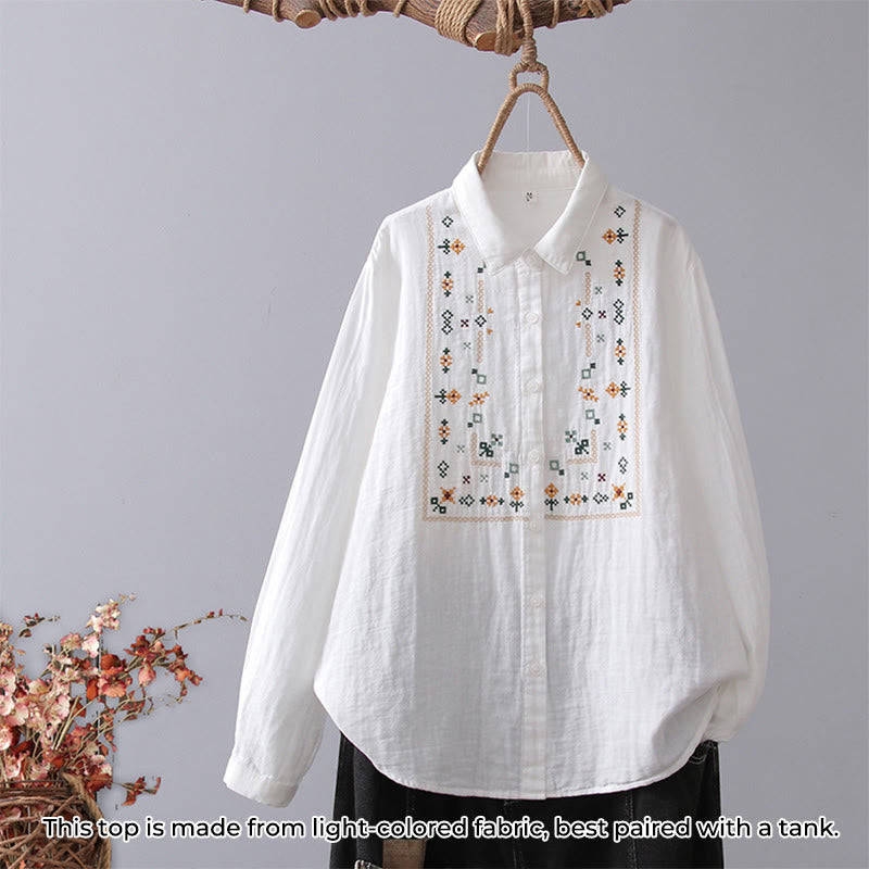 Chemise à manches longues en coton pour femme, ornée de boutons et de broderies géométriques à rayures blanches et géométriques Buddha Stones - Géométrique blanche - US4，UK/AU8，EU36 (L) - image 9