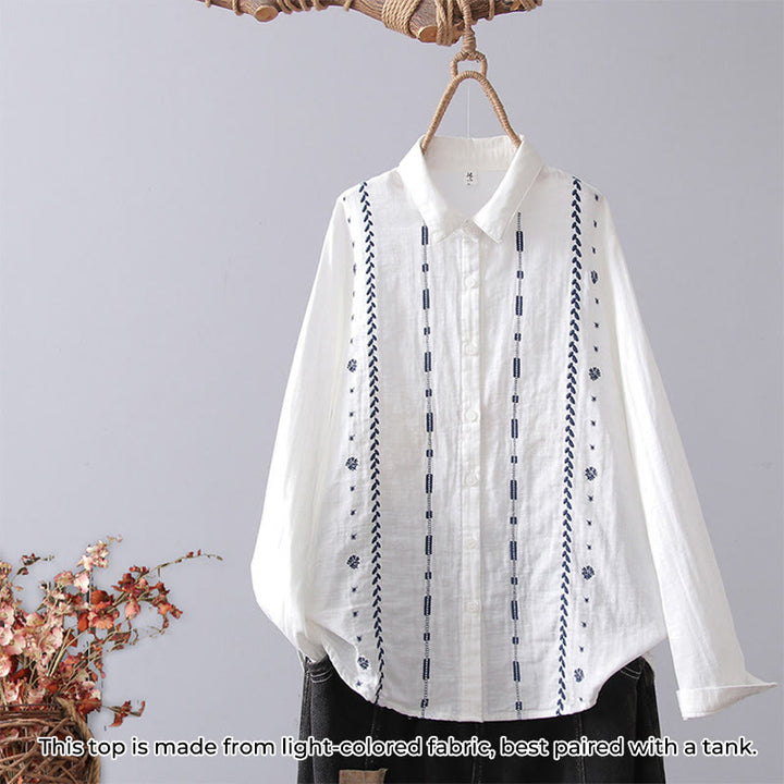Chemise à manches longues en coton pour femme, ornée de boutons et de broderies géométriques à rayures blanches et géométriques Buddha Stones - Rayures blanches géométriques - US4，UK/AU8，EU36 (L) - image 10