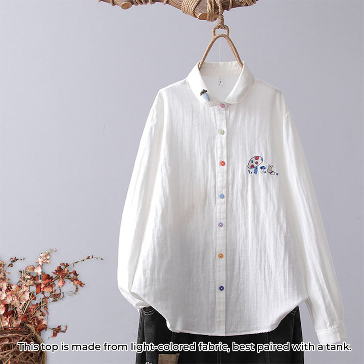 Chemise à manches longues en coton pour femme, ornée de boutons et de broderies géométriques à rayures blanches et géométriques Buddha Stones - Champignon blanc - US4，UK/AU8，EU36 (L) - image 11