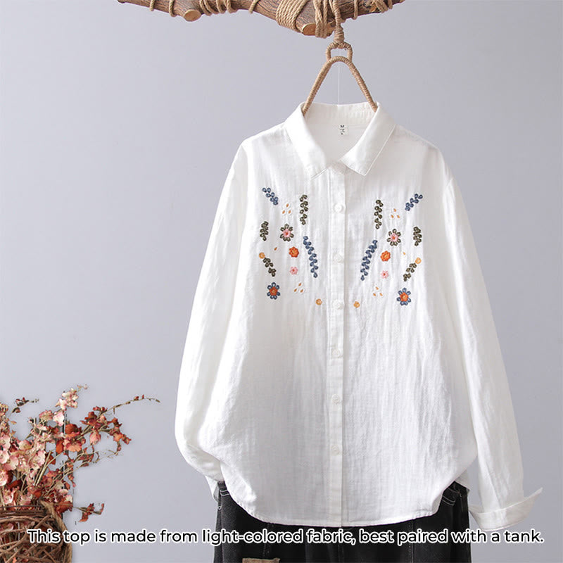Chemise à manches longues en coton pour femme, ornée de boutons et de broderies géométriques à rayures blanches et géométriques Buddha Stones - Fleur blanche colorée - US4，UK/AU8，EU36 (L) - image 12
