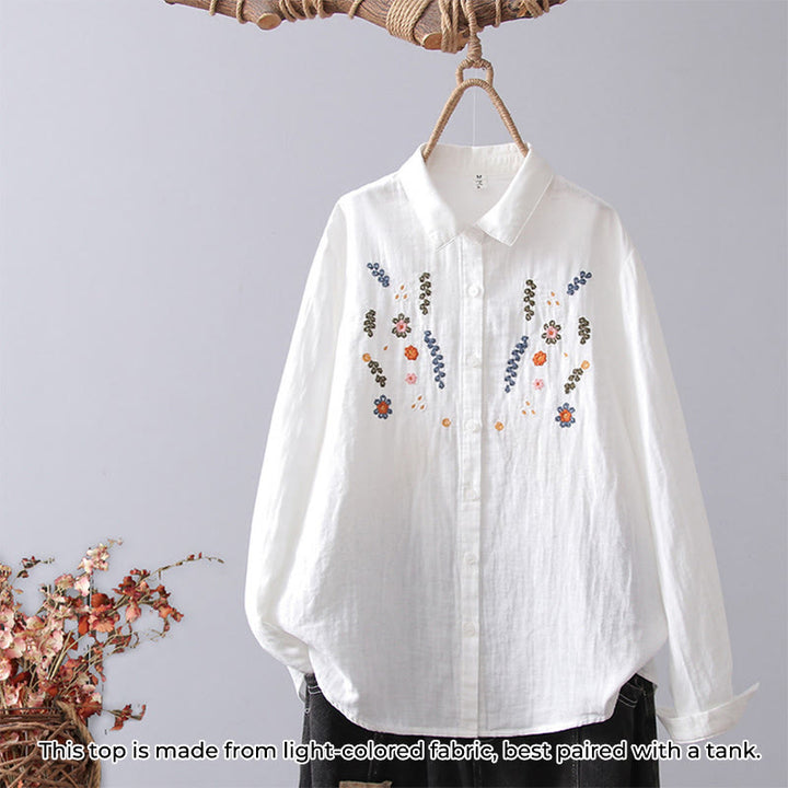 Chemise à manches longues en coton pour femme, ornée de boutons et de broderies géométriques à rayures blanches et géométriques Buddha Stones - Fleur blanche colorée - US4，UK/AU8，EU36 (L) - image 12