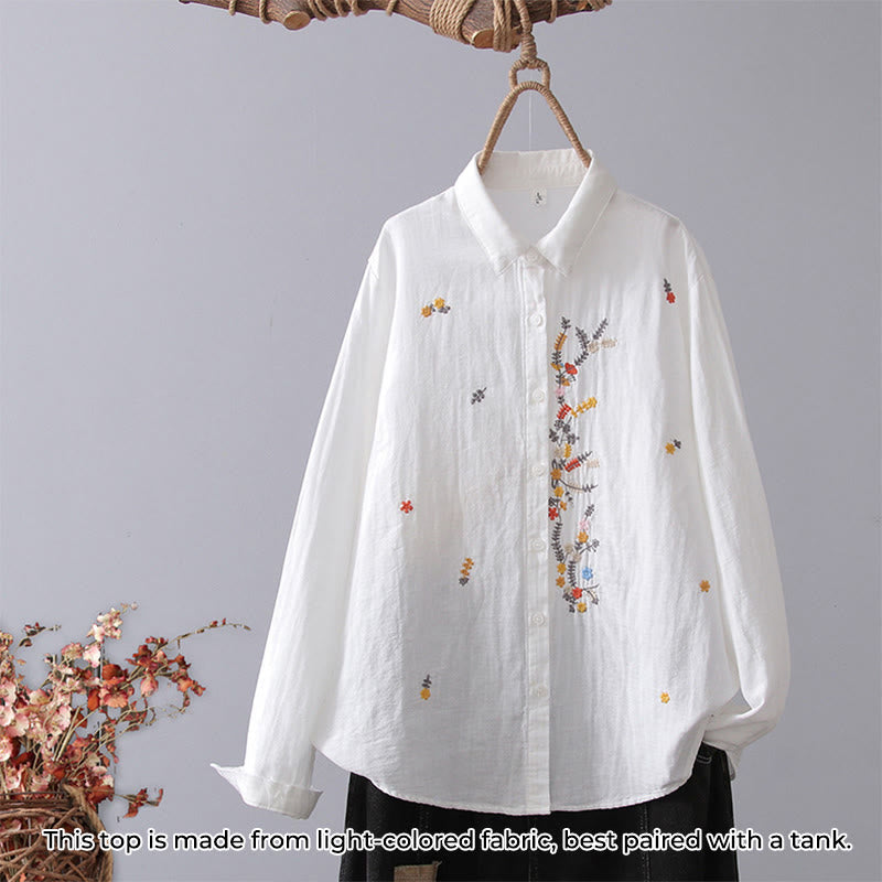Chemise à manches longues en coton pour femme, ornée de boutons et de broderies géométriques à rayures blanches et géométriques Buddha Stones - Fleur blanche et jaune - US4，UK/AU8，EU36 (L) - image 13