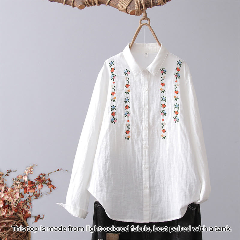 Chemise à manches longues en coton pour femme, ornée de boutons et de broderies géométriques à rayures blanches et géométriques Buddha Stones - Fleur blanche et rouge - US4，UK/AU8，EU36 (L) - image 14