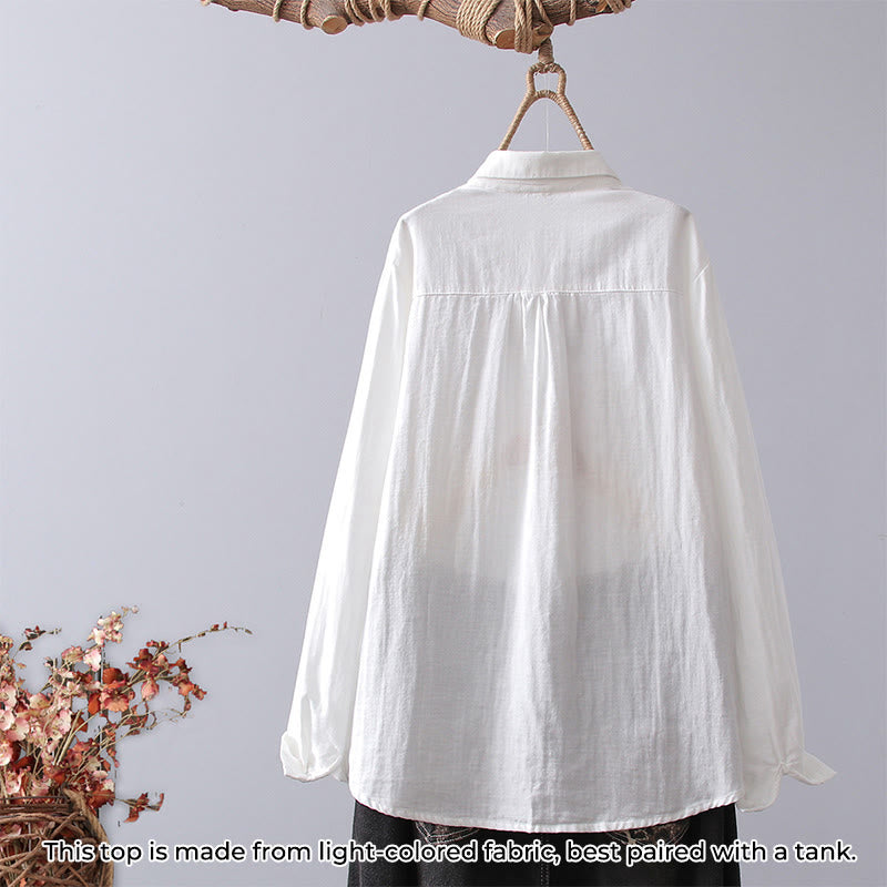 Chemise à manches longues en coton pour femme, ornée de boutons et de broderies géométriques à rayures blanches et géométriques Buddha Stones - image 1