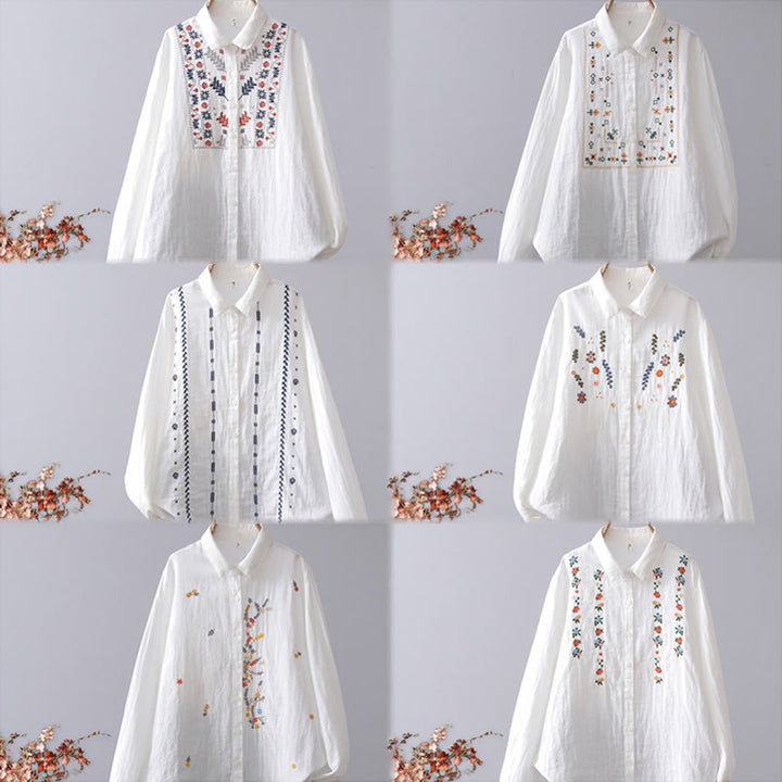 Chemise à manches longues en coton pour femme, ornée de boutons et de broderies géométriques à rayures blanches et géométriques Buddha Stones - image 15
