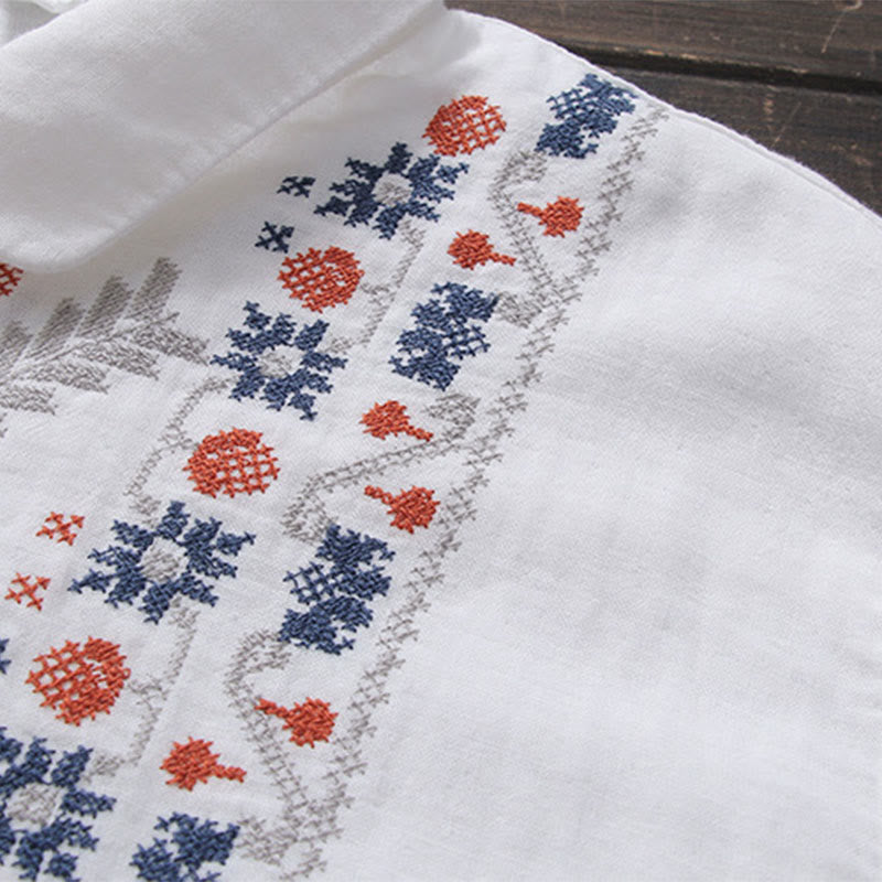 Chemise à manches longues en coton pour femme, ornée de boutons et de broderies géométriques à rayures blanches et géométriques Buddha Stones - image 3