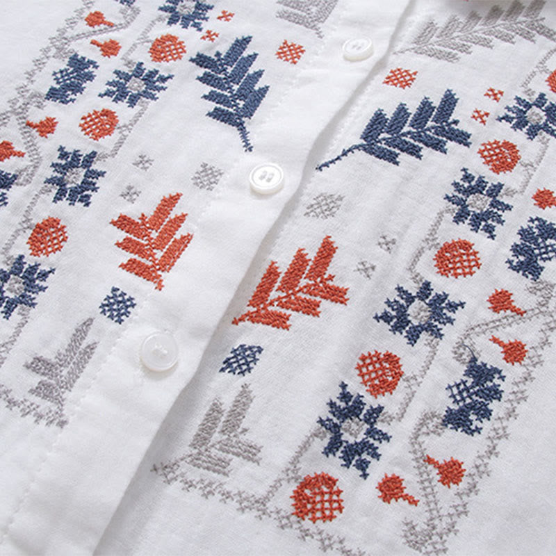 Chemise à manches longues en coton pour femme, ornée de boutons et de broderies géométriques à rayures blanches et géométriques Buddha Stones - image 5