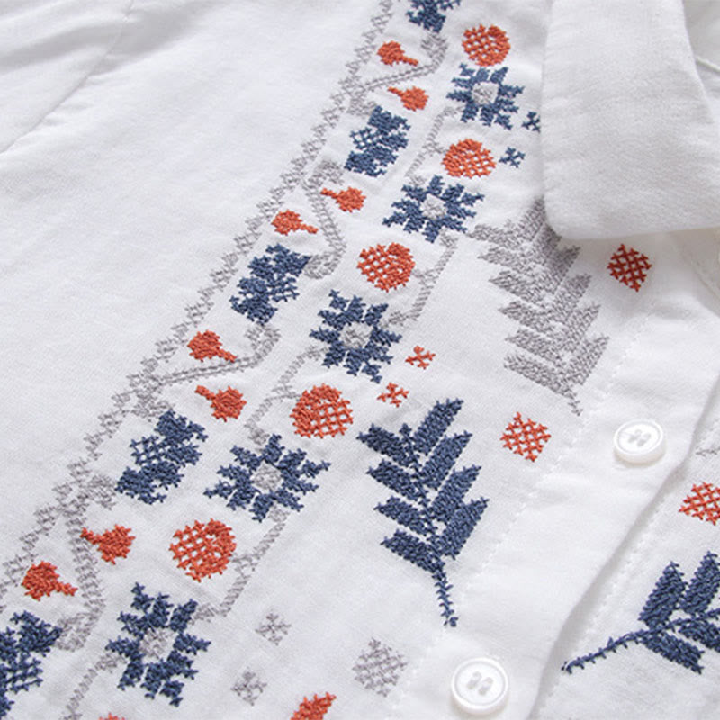 Chemise à manches longues en coton pour femme, ornée de boutons et de broderies géométriques à rayures blanches et géométriques Buddha Stones - image 4