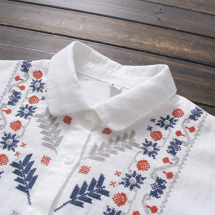 Chemise à manches longues en coton pour femme, ornée de boutons et de broderies géométriques à rayures blanches et géométriques Buddha Stones - image 2