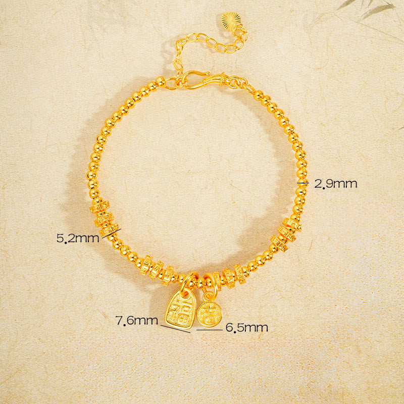 Bracelet porte-bonheur en laiton plaqué or 24 carats avec le caractère Fu et Buddha Stones - Laiton (Tour de poignet : 15-19 cm) - image 1