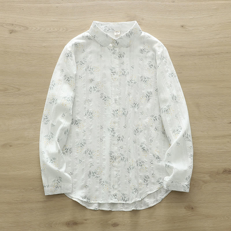 Chemise à manches longues en coton pour femme, ornée de Buddha Stones, de fleurs blanches et jaunes d'automne, de feuilles vertes et de boutons. - Blanc - US6，UK/AU10，EU38 (XL) - image 1