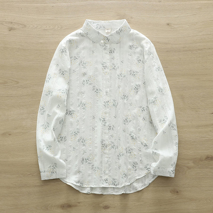Chemise à manches longues en coton pour femme, ornée de Buddha Stones, de fleurs blanches et jaunes d'automne, de feuilles vertes et de boutons. - Blanc - US6，UK/AU10，EU38 (XL) - image 1
