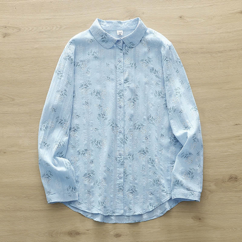 Chemise à manches longues en coton pour femme, ornée de Buddha Stones, de fleurs blanches et jaunes d'automne, de feuilles vertes et de boutons. - Bleu ciel clair - US6，UK/AU10，EU38 (XL) - image 12