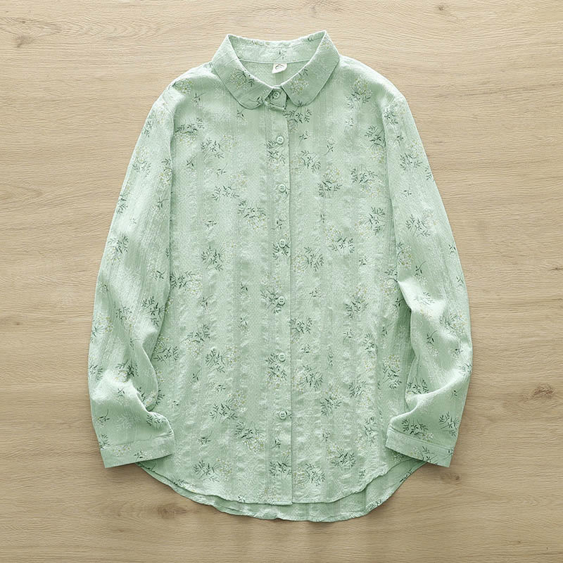 Chemise à manches longues en coton pour femme, ornée de Buddha Stones, de fleurs blanches et jaunes d'automne, de feuilles vertes et de boutons. - Vert pâle - US6，UK/AU10，EU38 (XL) - image 11