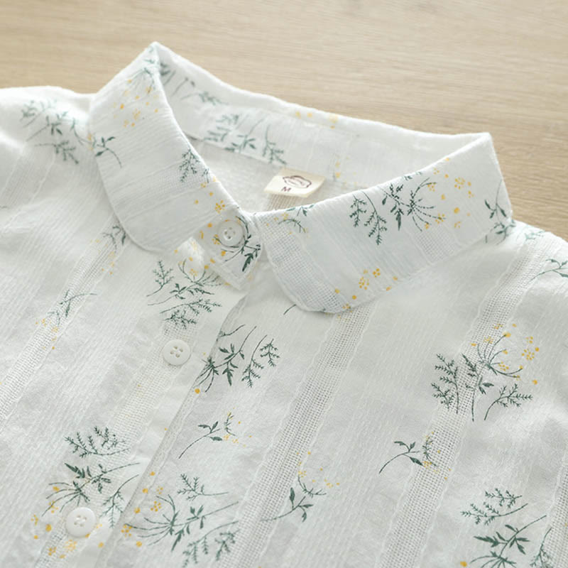 Chemise à manches longues en coton pour femme, ornée de Buddha Stones, de fleurs blanches et jaunes d'automne, de feuilles vertes et de boutons. - image 3