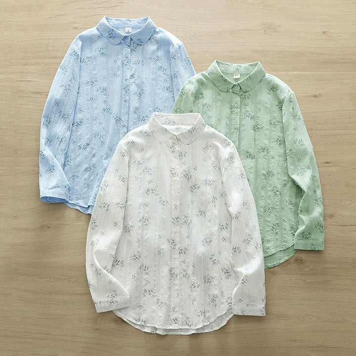 Chemise à manches longues en coton pour femme, ornée de Buddha Stones, de fleurs blanches et jaunes d'automne, de feuilles vertes et de boutons. - image 13