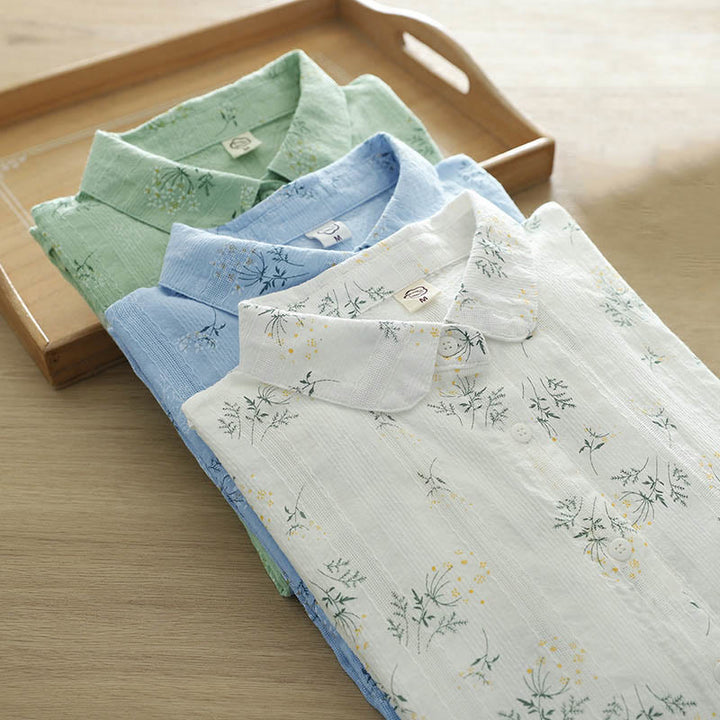 Chemise à manches longues en coton pour femme, ornée de Buddha Stones, de fleurs blanches et jaunes d'automne, de feuilles vertes et de boutons. - image 14