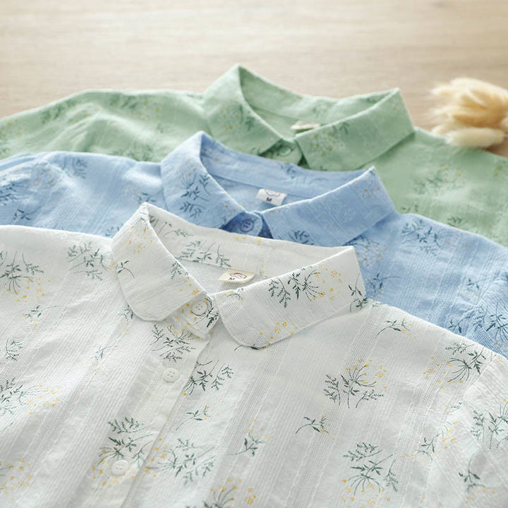 Chemise à manches longues en coton pour femme, ornée de Buddha Stones, de fleurs blanches et jaunes d'automne, de feuilles vertes et de boutons. - image 15