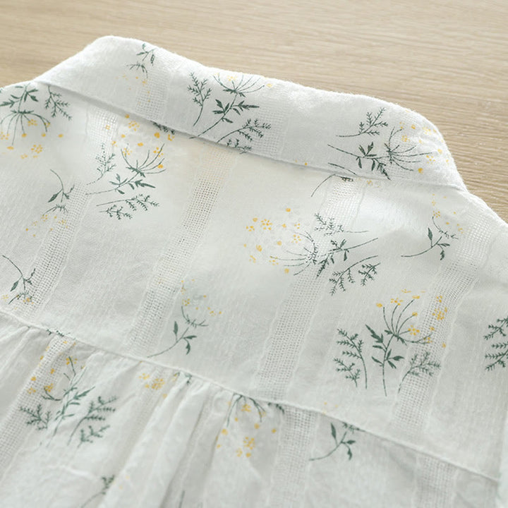 Chemise à manches longues en coton pour femme, ornée de Buddha Stones, de fleurs blanches et jaunes d'automne, de feuilles vertes et de boutons. - image 4