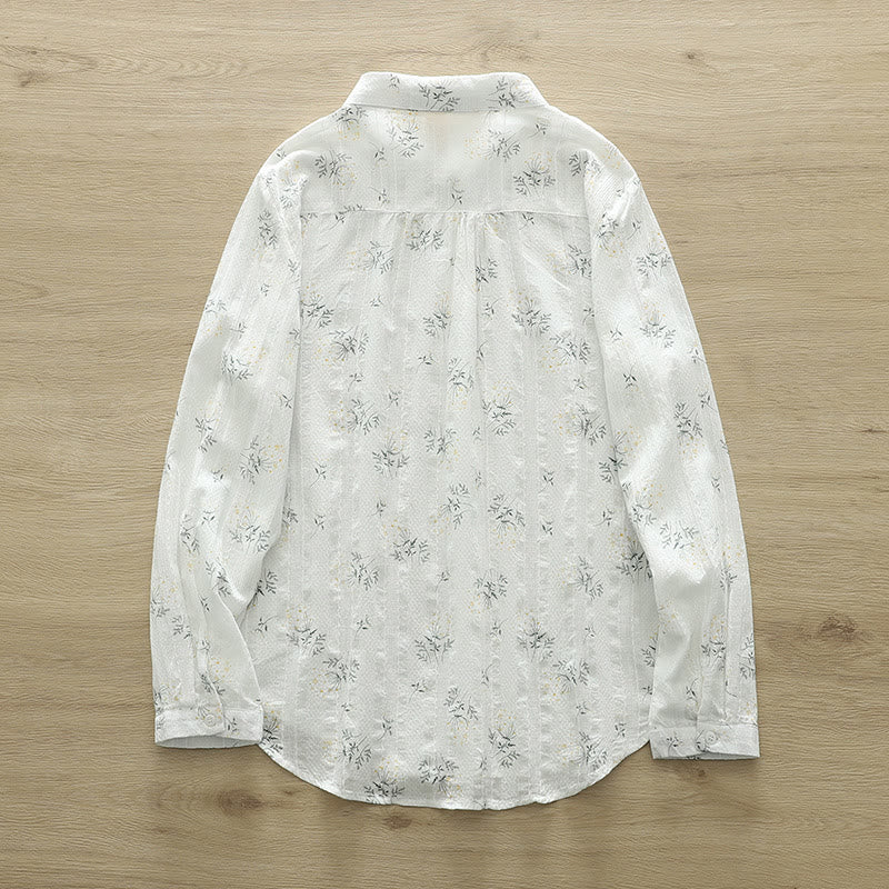 Chemise à manches longues en coton pour femme, ornée de Buddha Stones, de fleurs blanches et jaunes d'automne, de feuilles vertes et de boutons. - image 2