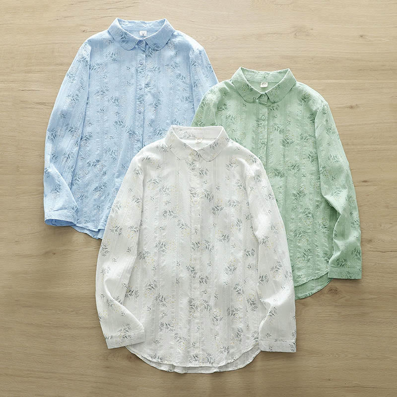 Chemise à manches longues en coton pour femme, ornée de Buddha Stones, de fleurs blanches et jaunes d'automne, de feuilles vertes et de boutons. - image 13