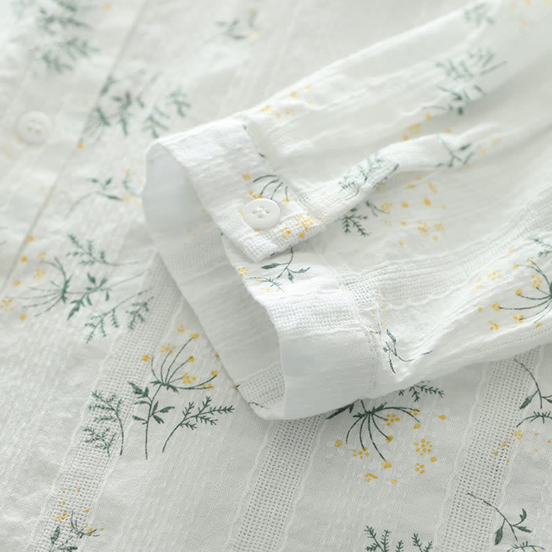 Chemise à manches longues en coton pour femme, ornée de Buddha Stones, de fleurs blanches et jaunes d'automne, de feuilles vertes et de boutons. - image 7