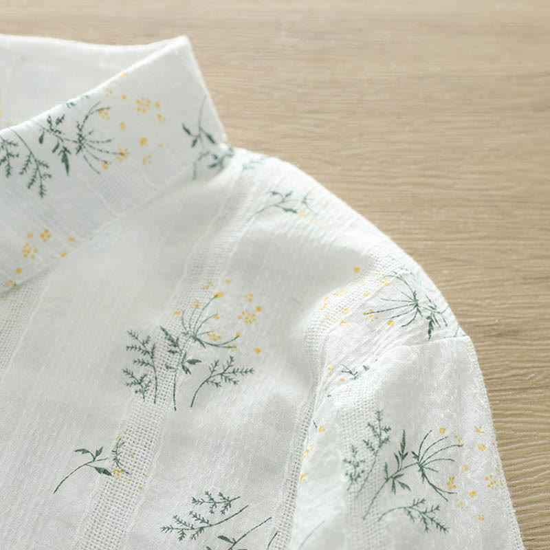 Chemise à manches longues en coton pour femme, ornée de Buddha Stones, de fleurs blanches et jaunes d'automne, de feuilles vertes et de boutons. - image 5