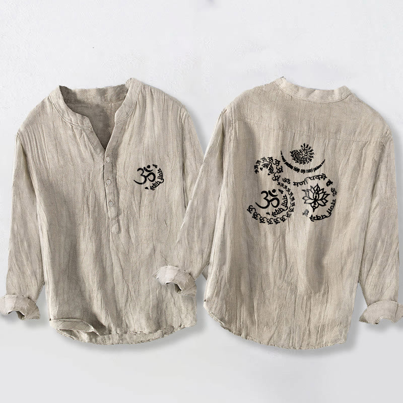 Chemise à manches longues pour homme en coton et lin, ornée de demi-boutons et du symbole Om du mantra des Buddha Stones - Lin - US/UK/AU50，EU60 (5XL) - image 0
