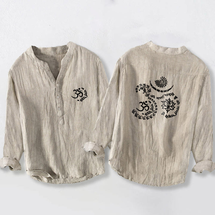 Chemise à manches longues pour homme en coton et lin, ornée de demi-boutons et du symbole Om du mantra des Buddha Stones - Lin - US/UK/AU50，EU60 (5XL) - image 0