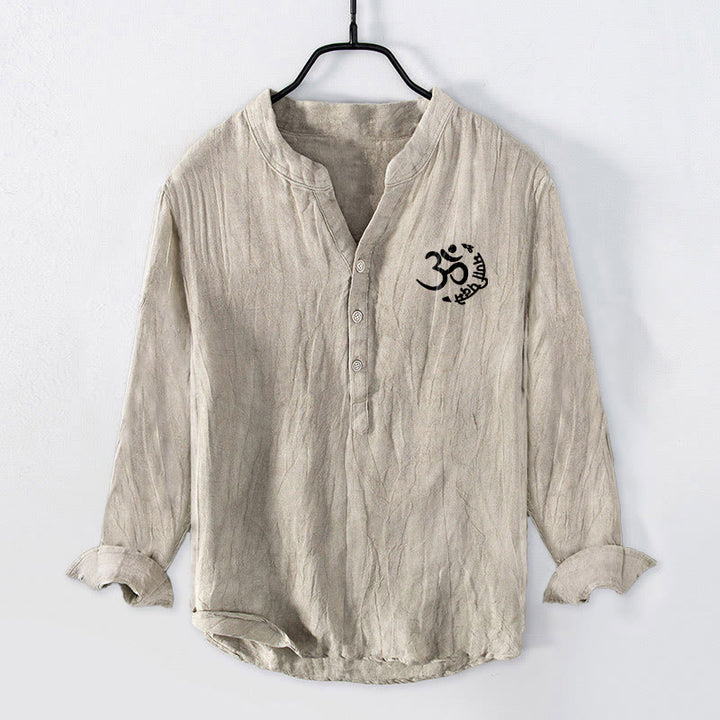Chemise à manches longues pour homme en coton et lin, ornée de demi-boutons et du symbole Om du mantra des Buddha Stones - image 1