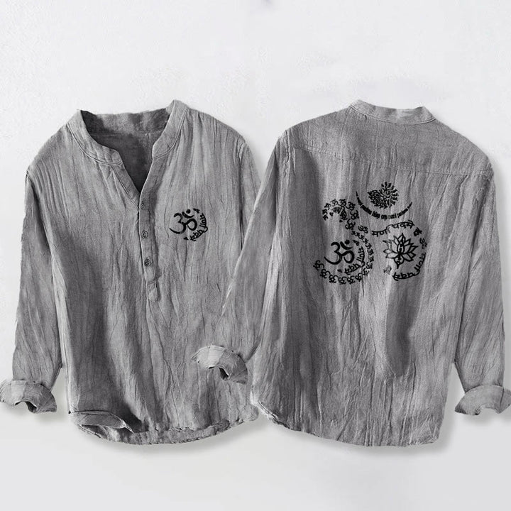Chemise à manches longues pour homme en coton et lin, ornée de demi-boutons et du symbole Om du mantra des Buddha Stones - Gris - US/UK/AU50，EU60 (5XL) - image 3
