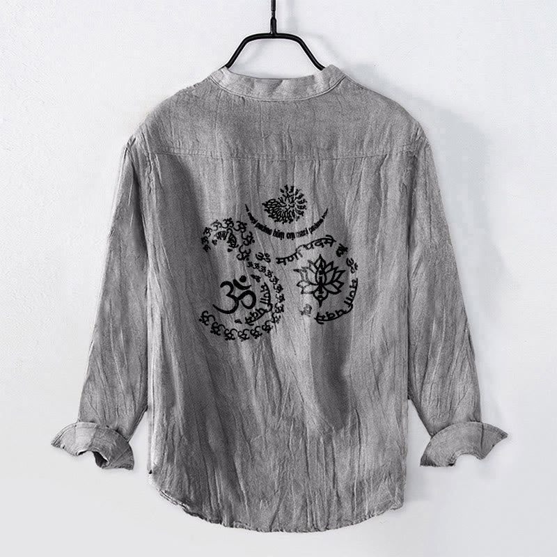 Chemise à manches longues pour homme en coton et lin, ornée de demi-boutons et du symbole Om du mantra des Buddha Stones - image 5
