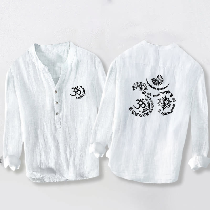 Chemise à manches longues pour homme en coton et lin, ornée de demi-boutons et du symbole Om du mantra des Buddha Stones - Blanc - US/UK/AU50，EU60 (5XL) - image 6