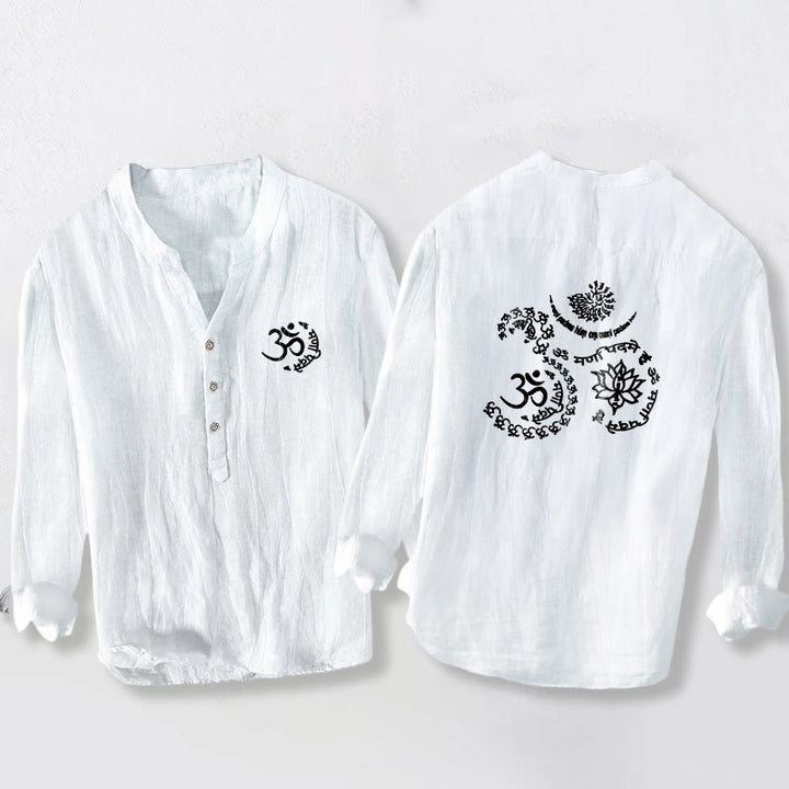 Chemise à manches longues pour homme en coton et lin, ornée de demi-boutons et du symbole Om du mantra des Buddha Stones - Blanc - US/UK/AU50，EU60 (5XL) - image 6