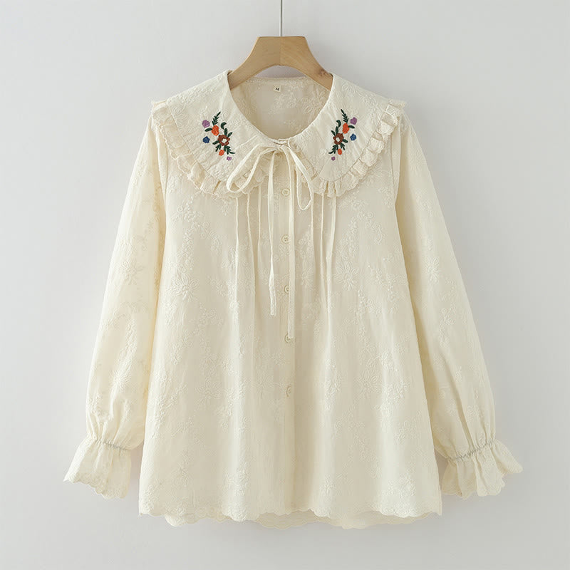 Chemise à manches longues en coton pour femme, ornée de broderies florales blanches et de Buddha Stones, avec col Peter Pan et boutons. - Beige - US6，UK/AU10，EU38 (L) - image 0