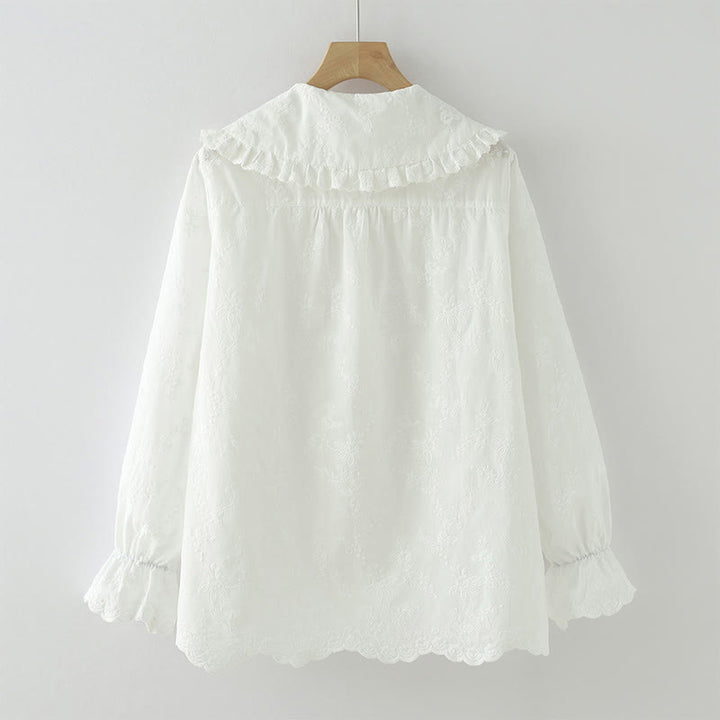 Chemise à manches longues en coton pour femme, ornée de broderies florales blanches et de Buddha Stones, avec col Peter Pan et boutons. - image 3