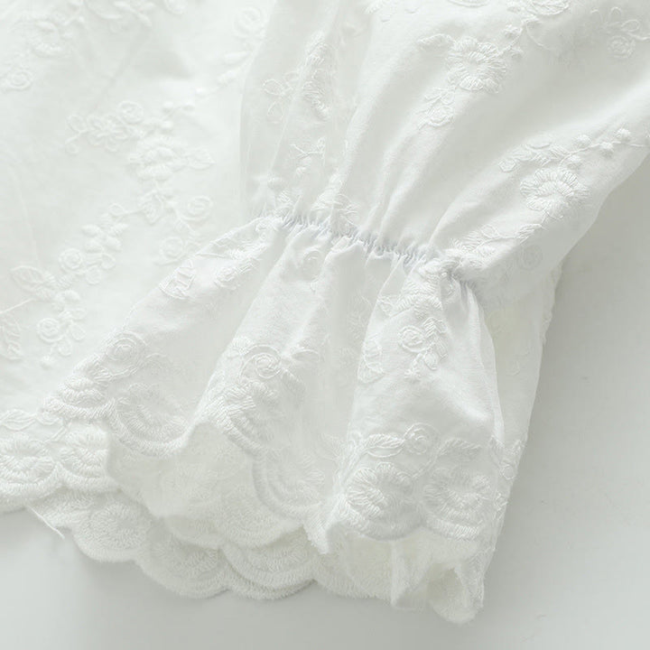 Chemise à manches longues en coton pour femme, ornée de broderies florales blanches et de Buddha Stones, avec col Peter Pan et boutons. - image 9