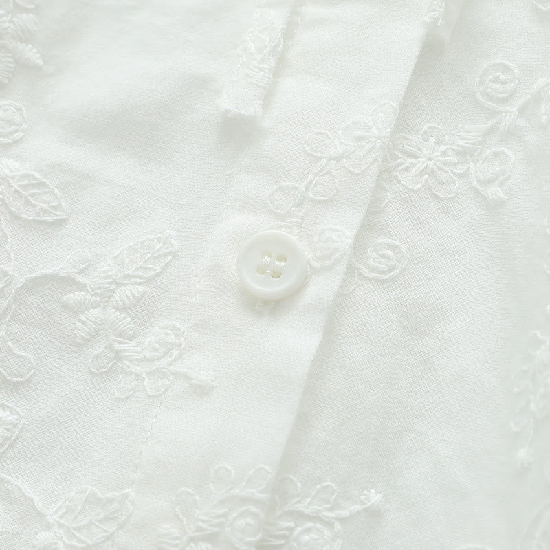 Chemise à manches longues en coton pour femme, ornée de broderies florales blanches et de Buddha Stones, avec col Peter Pan et boutons. - image 7