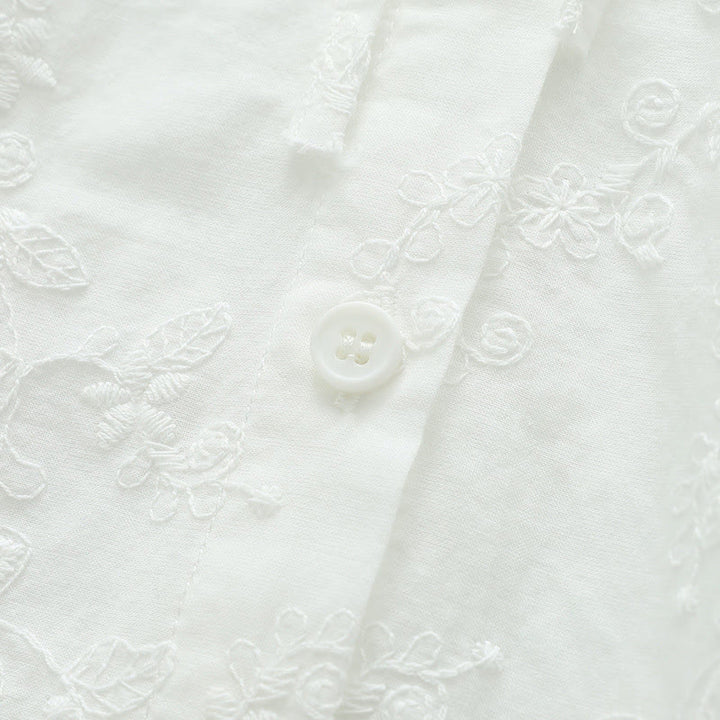 Chemise à manches longues en coton pour femme, ornée de broderies florales blanches et de Buddha Stones, avec col Peter Pan et boutons. - image 7