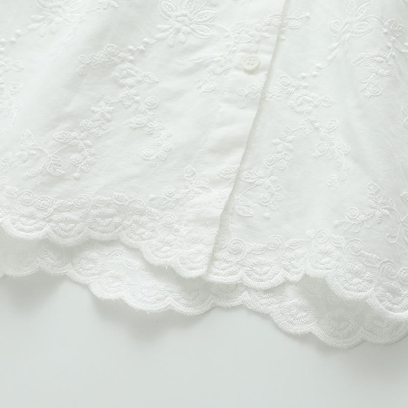 Chemise à manches longues en coton pour femme, ornée de broderies florales blanches et de Buddha Stones, avec col Peter Pan et boutons. - image 8